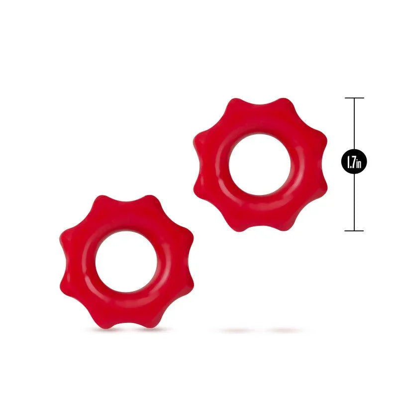 Two red Stay Hard Nutz rings with a 1.7in height callout on the larger ring