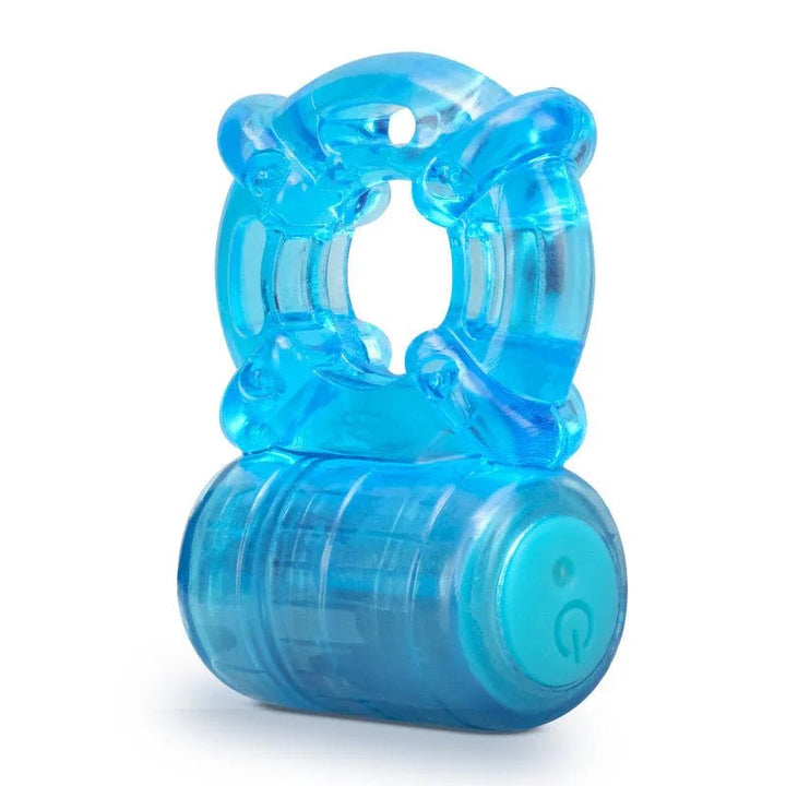 Close-up of the blue rechargeable cock ring, nubbed loop above the motor housing