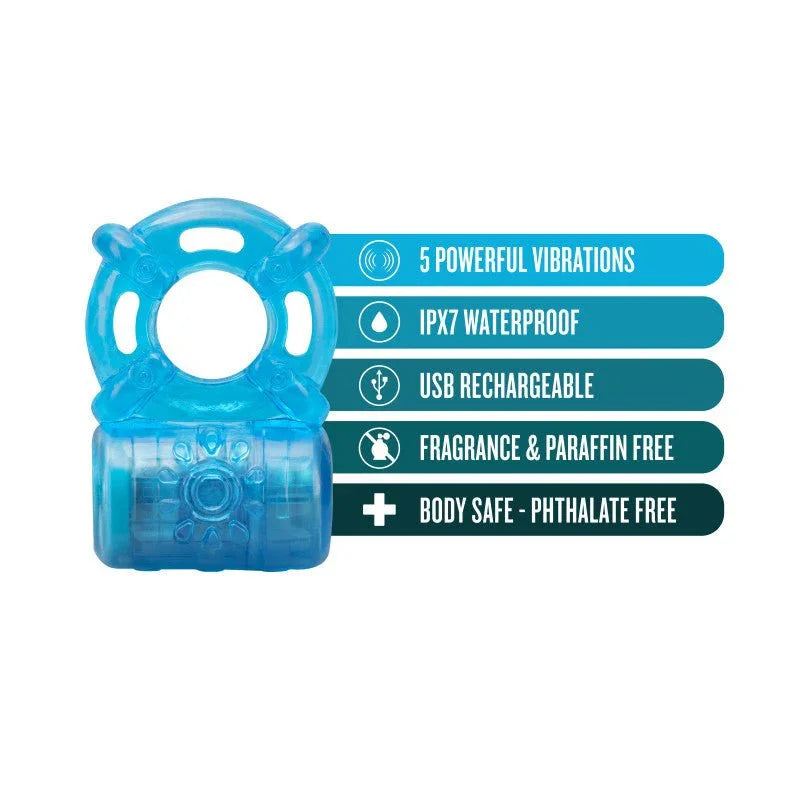 Rechargeable cock ring feature panel: 5 powerful vibrations, IPX7, USB rechargeable