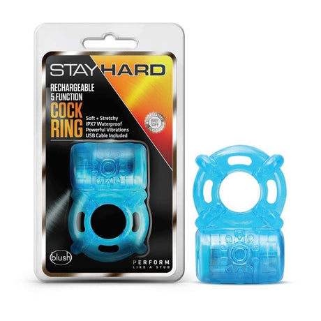 Buy Stay Hard Rechargeable 5 Function Cock Ring - Blue USB Rechargeable Vibrating Cock Ring – Naughtyhut NZ sex toys online. Discreet delivery & top brands.