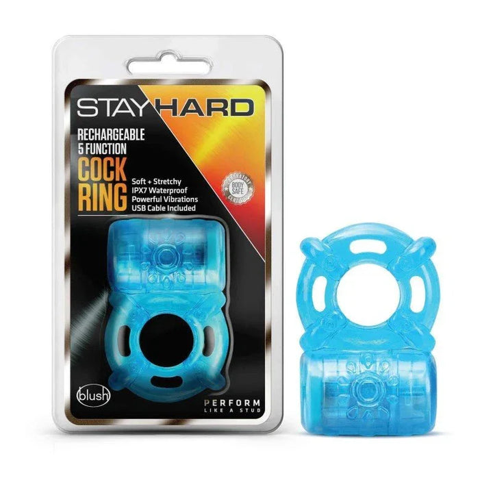 Stay Hard rechargeable 5-function cock ring in blue beside its blister pack