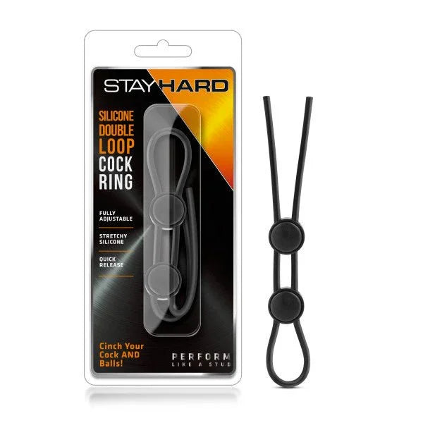 Stay Hard Silicone Double Loop cock ring in black, adjustable lasso with its blister pack