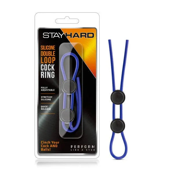 Stay Hard Silicone Double Loop cock ring in blue, adjustable lasso with its blister pack