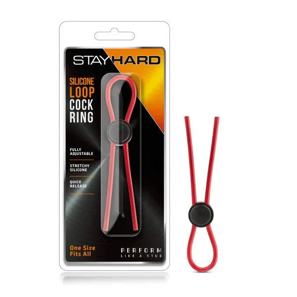 Stay Hard Silicone Loop cock ring in red, adjustable lasso with its blister pack