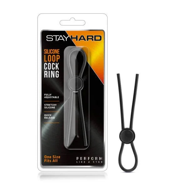 Stay Hard Silicone Loop cock ring in black, adjustable lasso with its blister pack