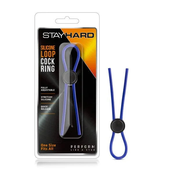 Stay Hard Silicone Loop cock ring in blue, adjustable lasso with its blister pack