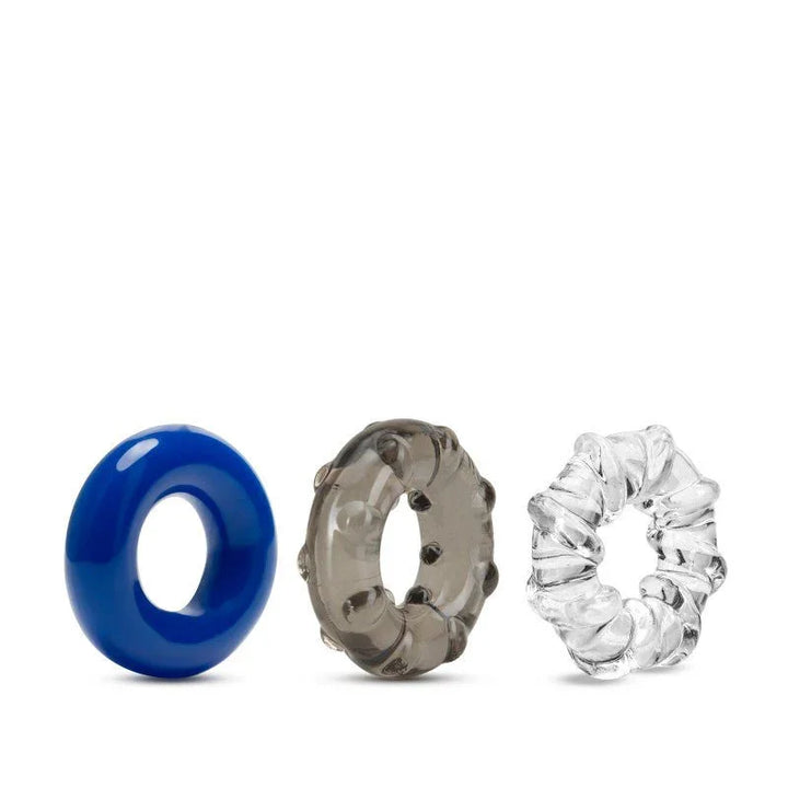 Three Stay Hard Triple Stretch cock rings: smooth blue, beaded smoke and ribbed clear