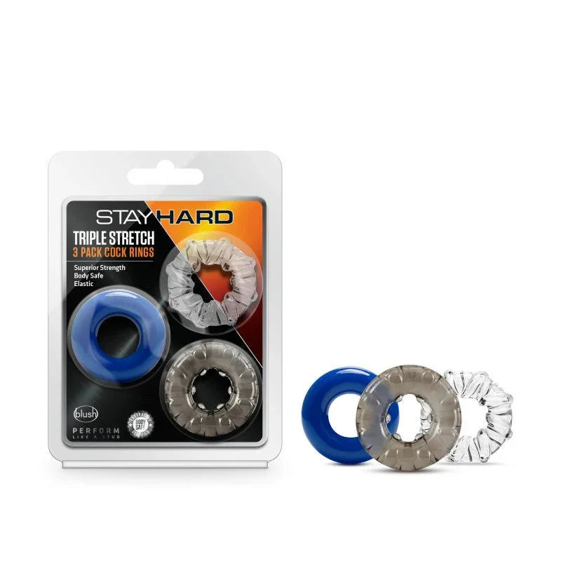 Stay Hard Triple Stretch cock rings blister pack with the three rings displayed beside it