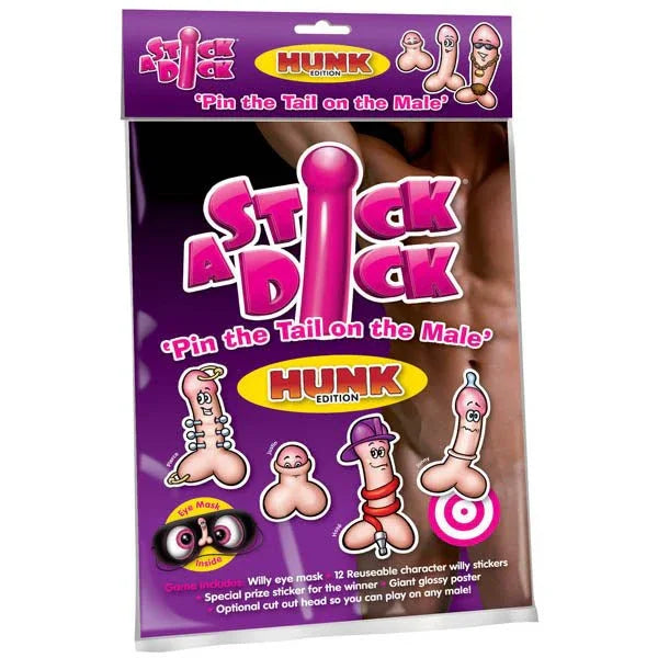 Stick A Dick Hunk edition, pin-the-tail hens party pack with willy stickers