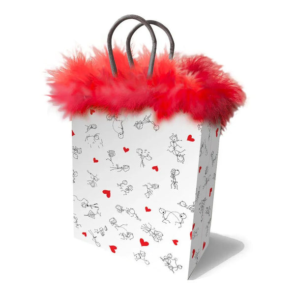 Naughty Stick Figures gift bag in white with a red feather boa trim and cord handles