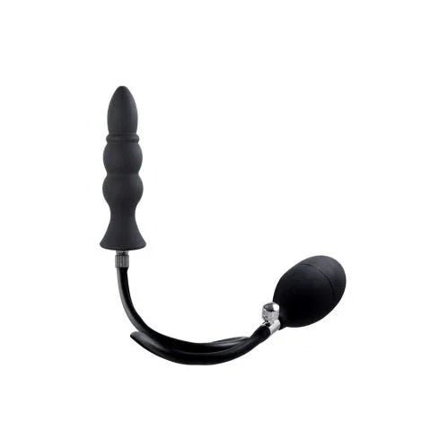 Strafe inflatable butt plug in Black, beaded plug with hand pump bulb on white
