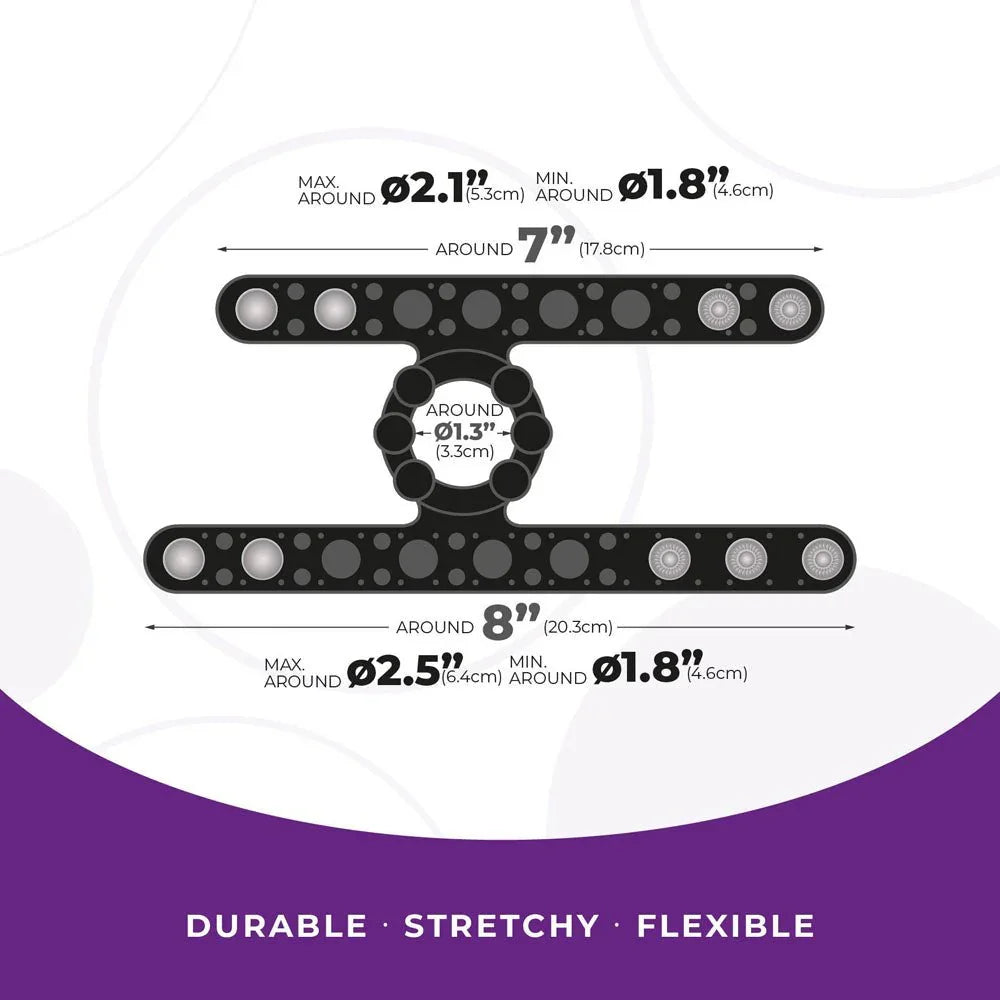 Strap The Balls dimension diagram, 7 and 8 inch straps around a centre ring