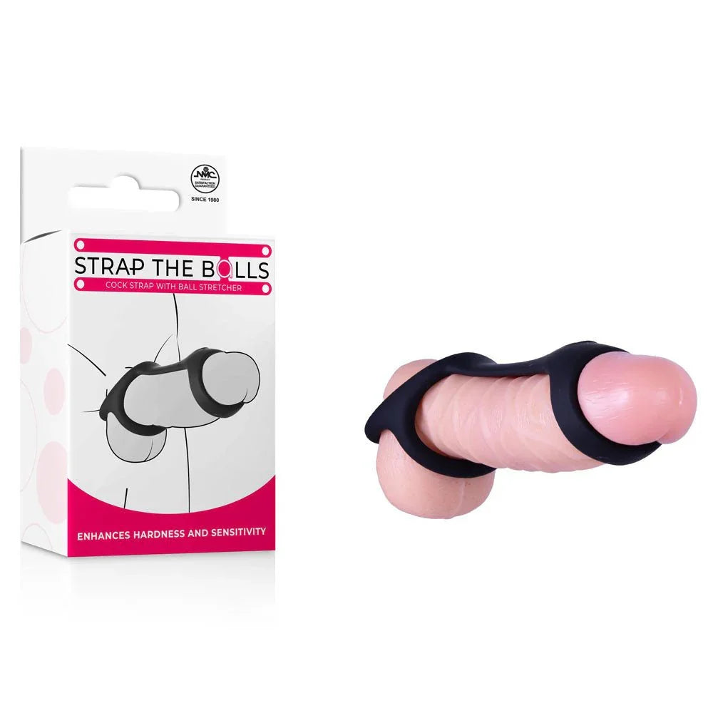 Strap The Balls ball-stretcher strap in Black on a demo dildo, beside its pink box