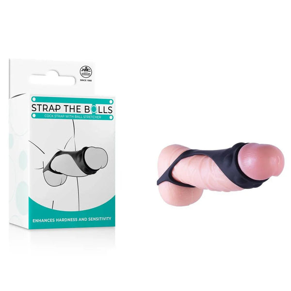 Strap The Balls cock strap with ball stretcher in Black, fitted on a demo dildo, with box