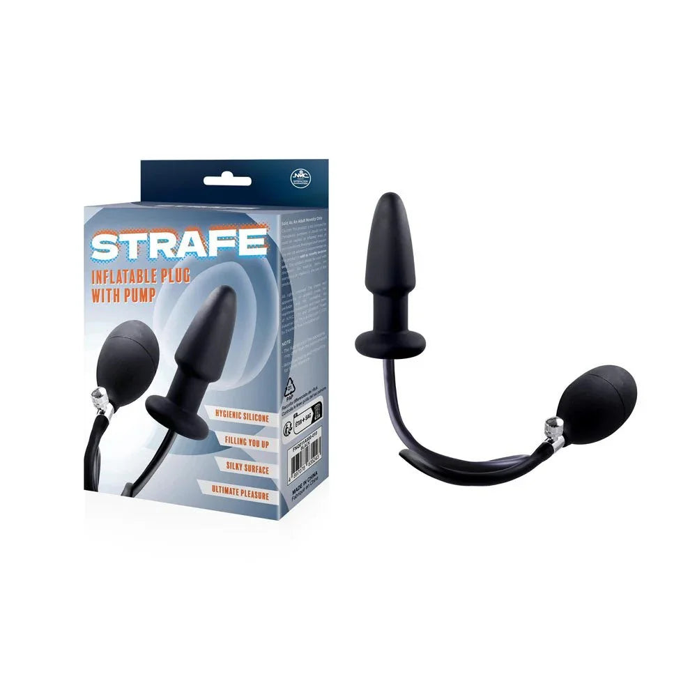 Strife inflatable butt plug in Black with hand pump bulb, beside its grey box