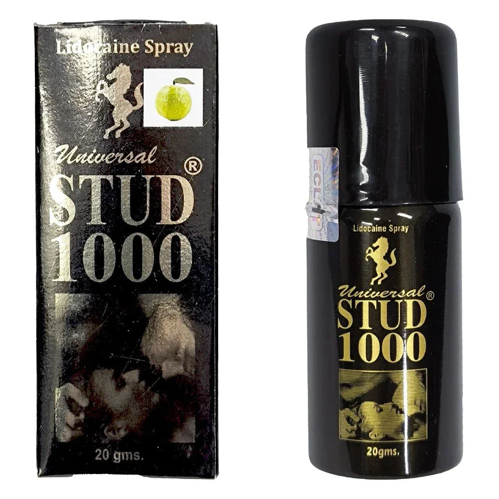Stud 1000 delay spray, black canister beside its retail carton