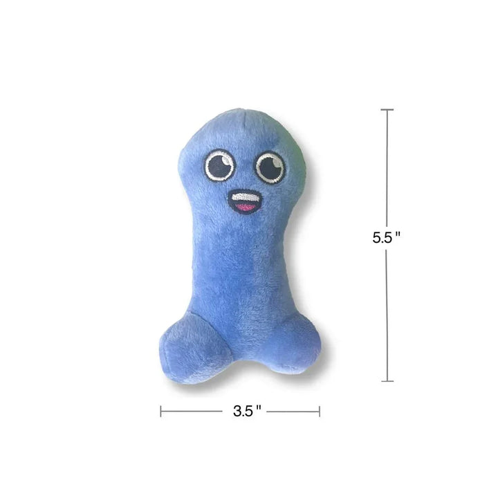 Single blue plushie from the set, sized 3.5 inches wide by 5.5 inches tall