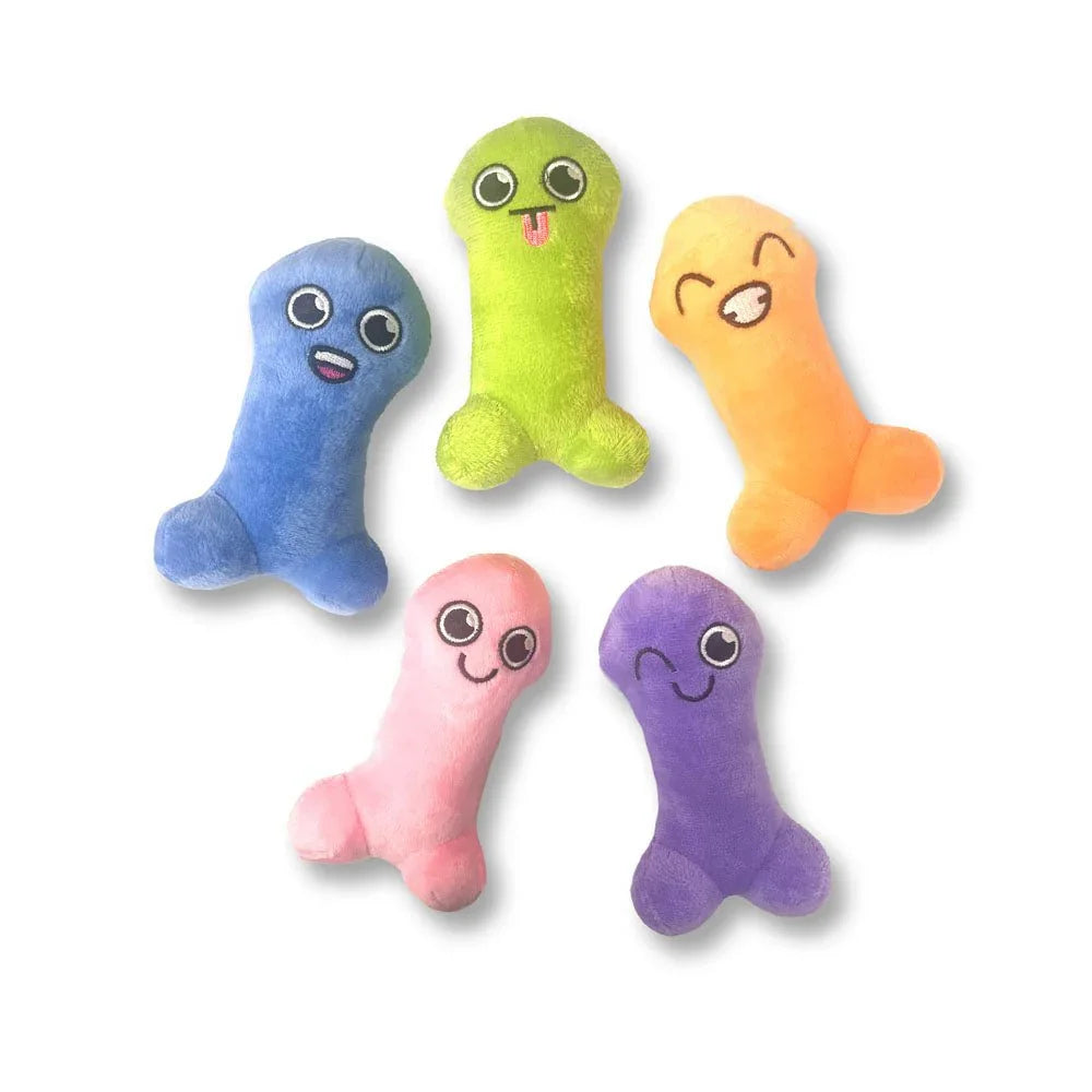 Suck A Bag Of Dicks mini plushies in blue, green, orange, pink and purple, set of 5