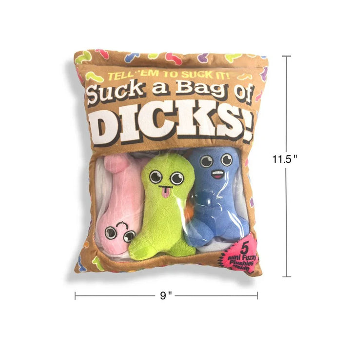 Suck A Bag Of Dicks plush pack with dimensions marked 9 by 11.5 inches