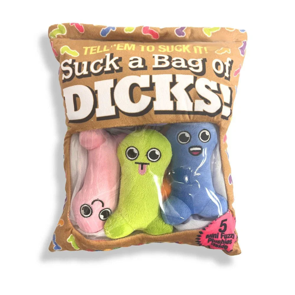 Suck A Bag Of Dicks plush pillow pack with pink, green and blue plushies inside