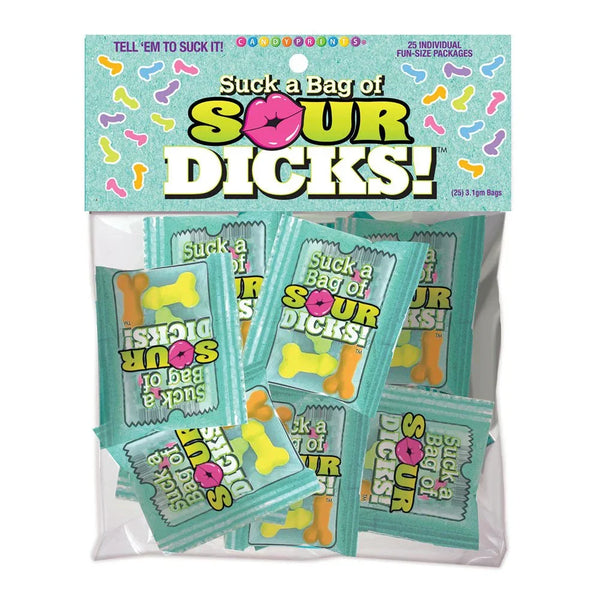 Suck A Bag Of Sour Dicks bulk bag holding 25 mint-green fun-size packets