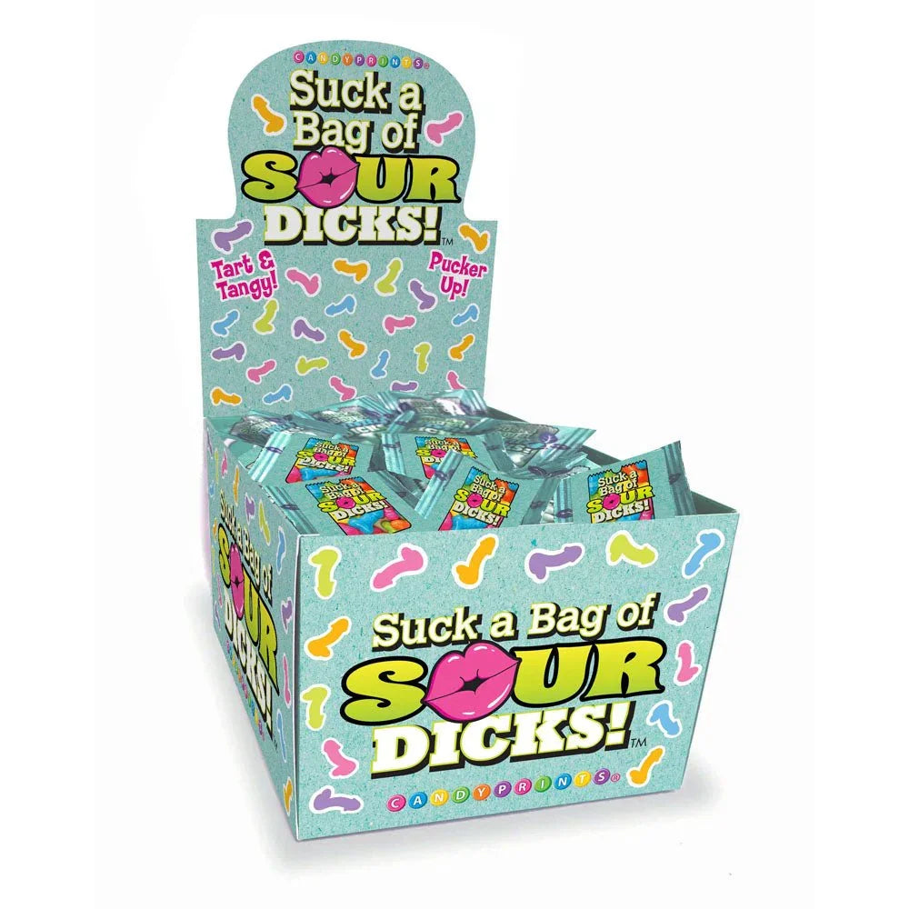 Suck A Bag Of Sour Dicks counter display box packed with 100 party packs