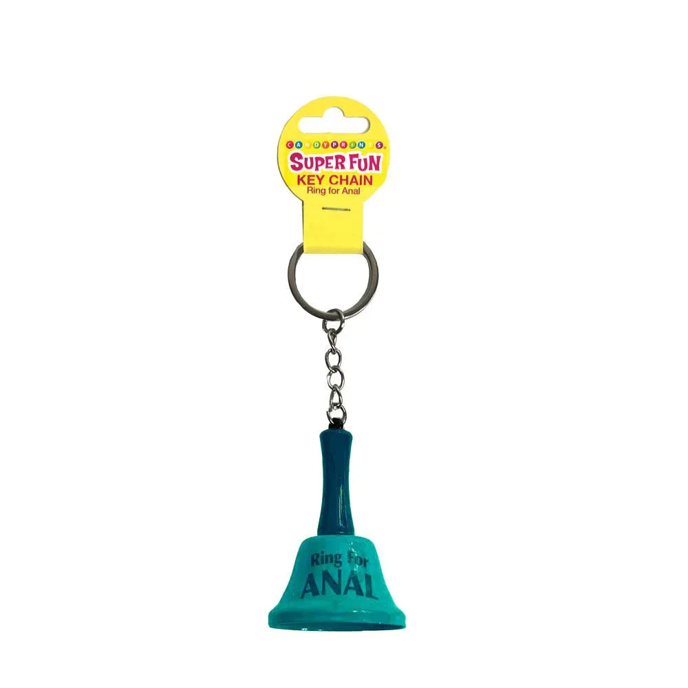 Ring For Anal bell keychain in teal with a dark handle, on its Super Fun card