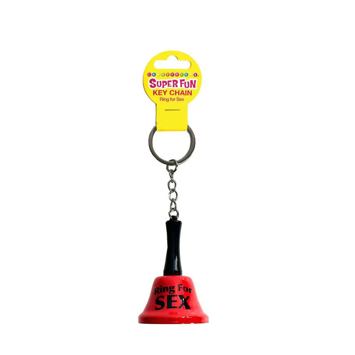 Ring For Sex bell keychain in red with a black handle, on its Super Fun card