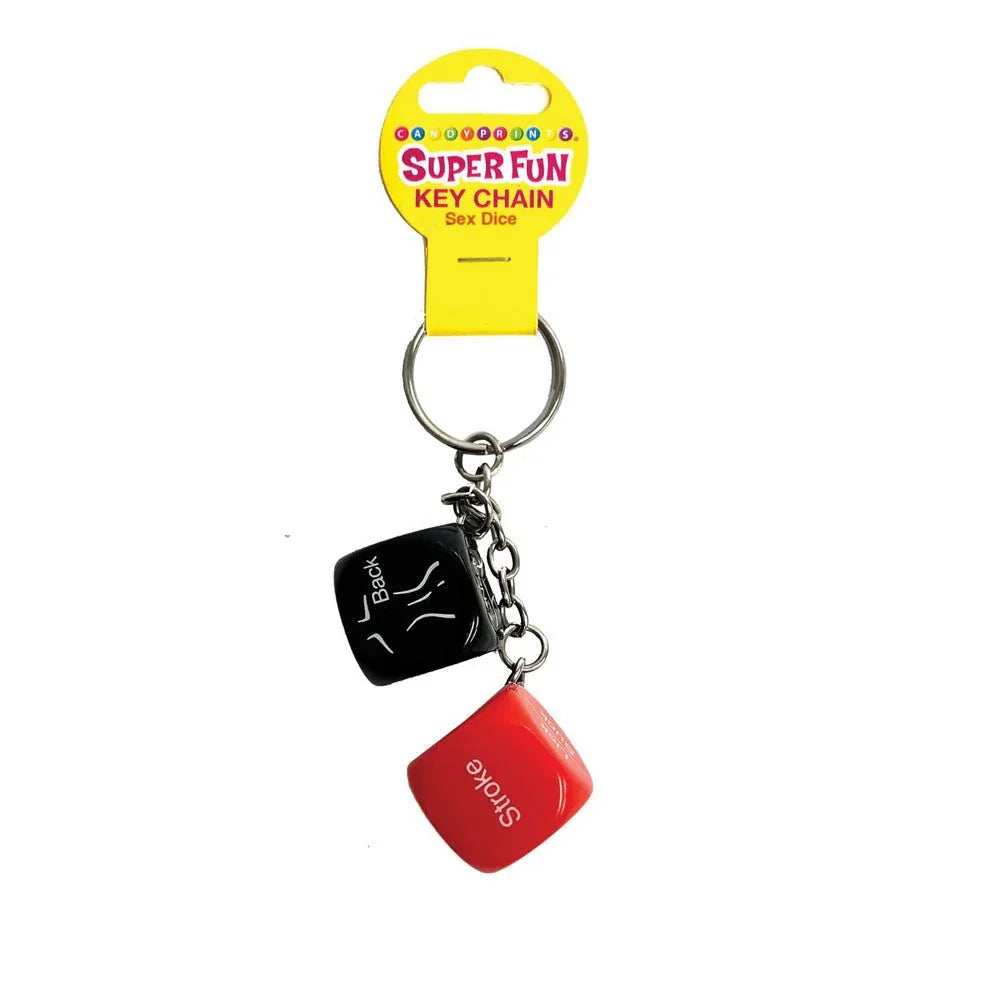 Super Fun sex dice keychain, black and red dice on a ring, on its Super Fun card