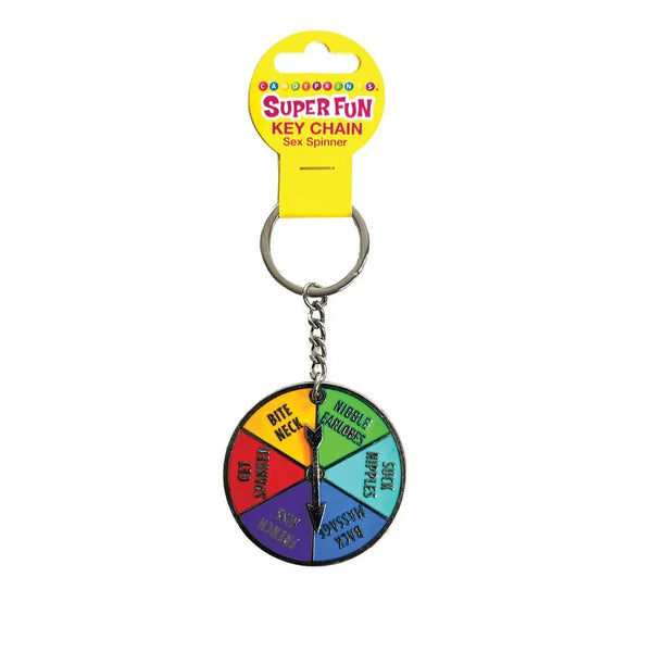 Super Fun sex spinner keychain, rainbow dial with an arrow, on its Super Fun card