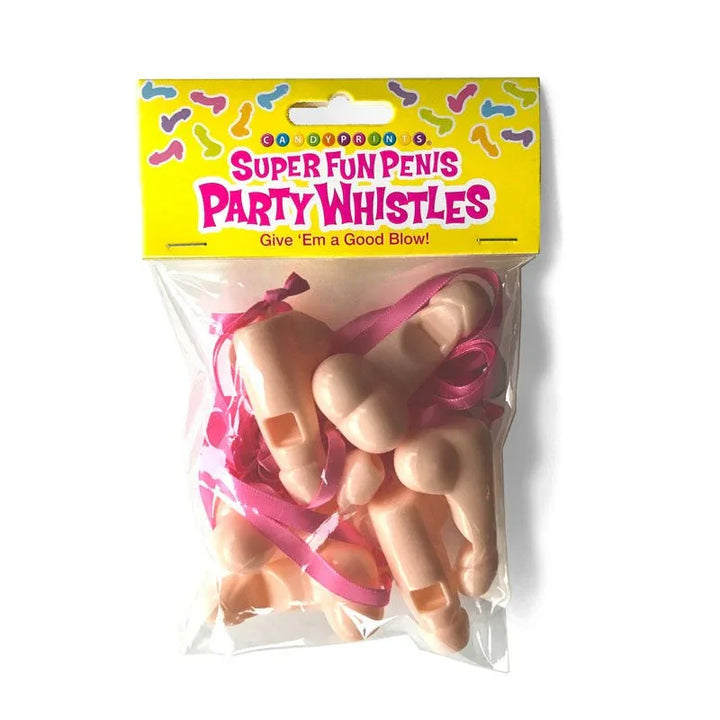 Super Fun Penis party whistles, eight flesh whistles on pink ribbons in the pack
