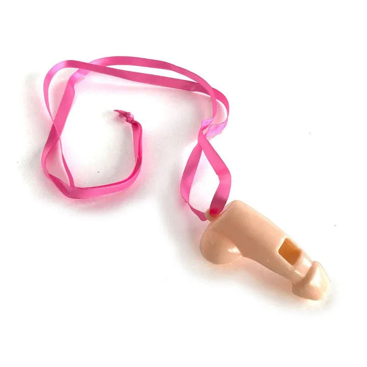 Single Super Fun Penis party whistle in flesh tone on its pink ribbon lanyard