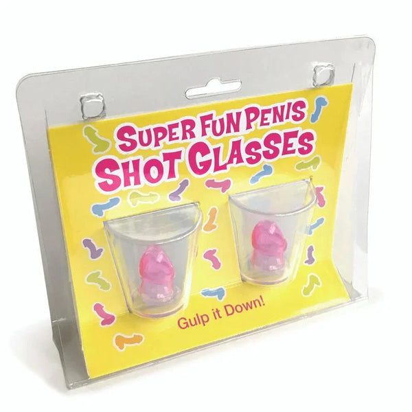 Super Fun Penis shot glasses, two clear glasses with pink inserts on the blister card