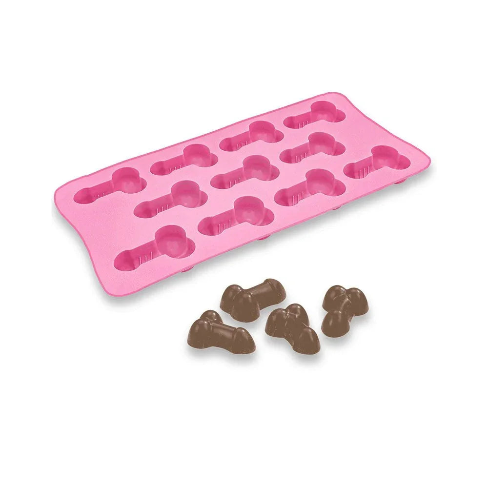 Super Fun Penis silicone mould in Pink beside chocolates turned out of the tray