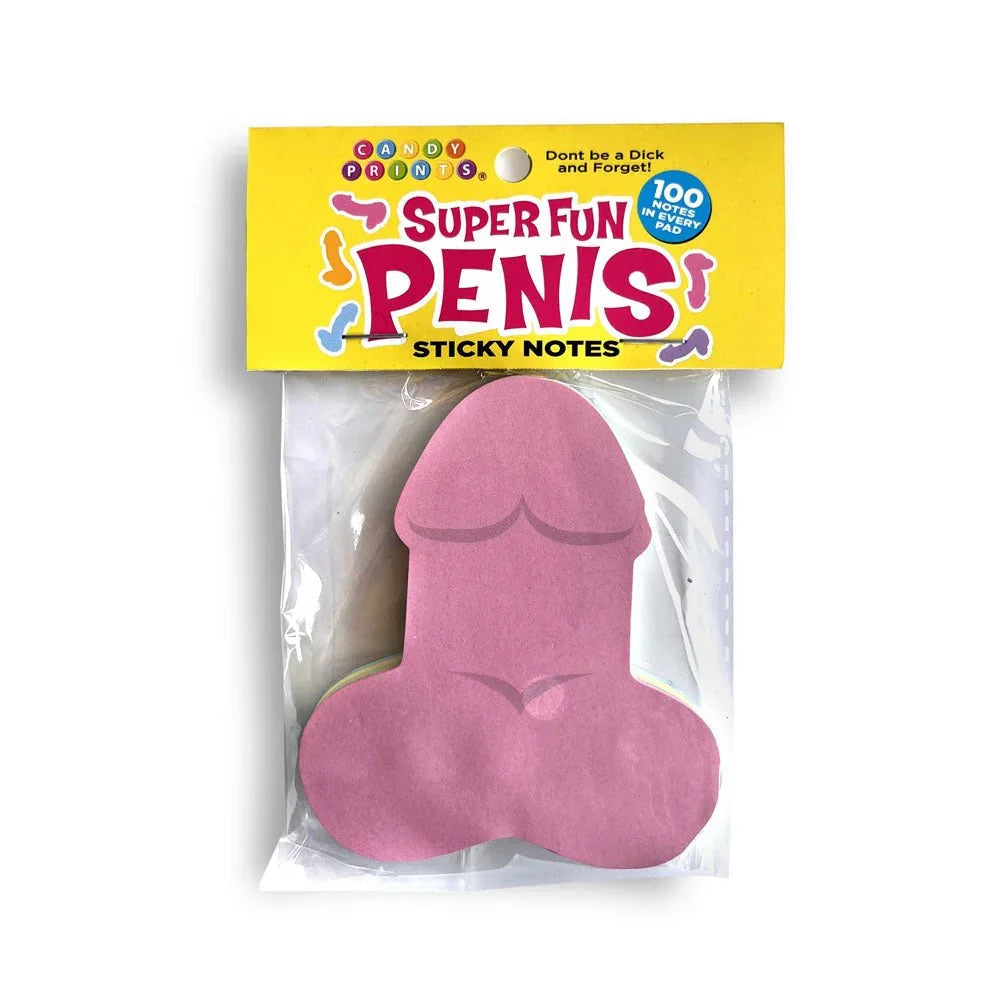 Super Fun Penis sticky notes, pink penis-shaped pad in its yellow header pack