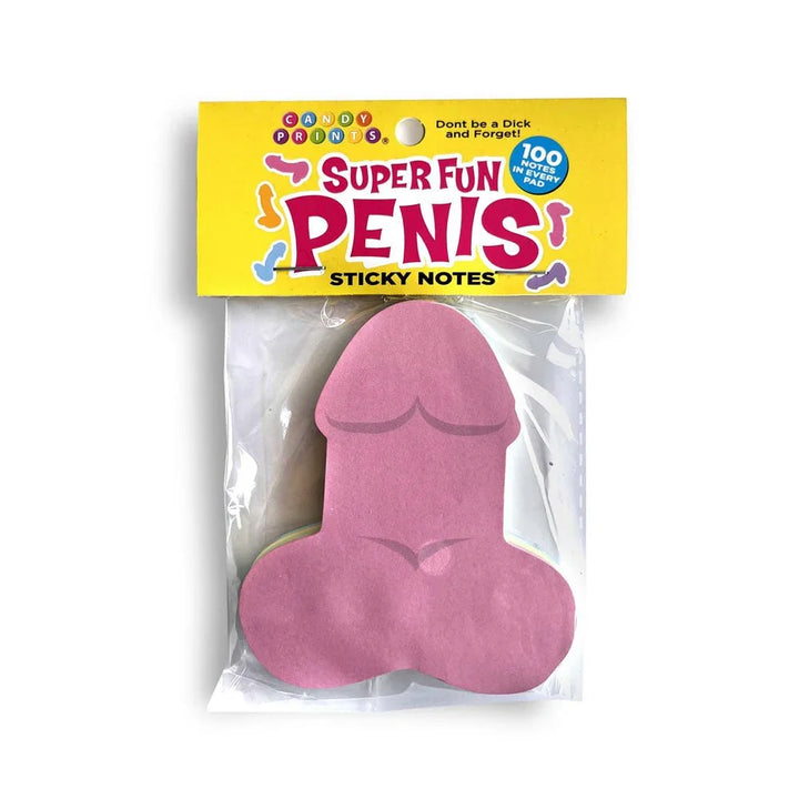 Super Fun Penis sticky notes, pink penis-shaped pad in its yellow header pack