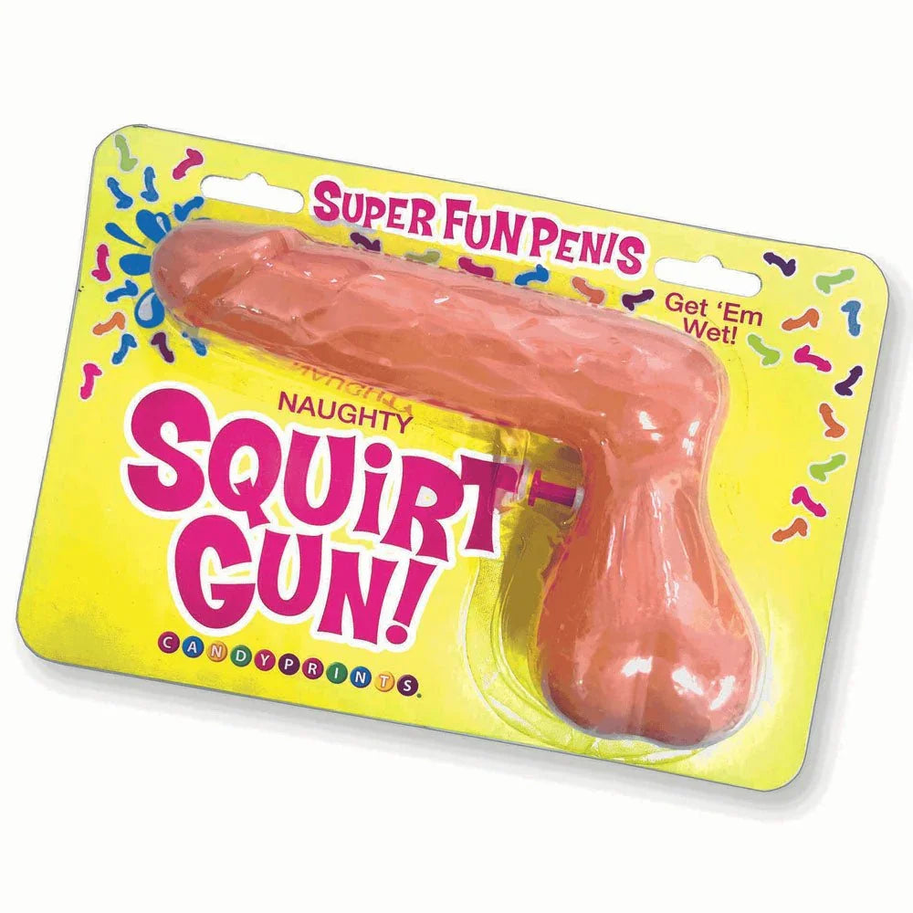 Super Fun Penis novelty squirt gun in flesh tone, on its yellow Candyprints card