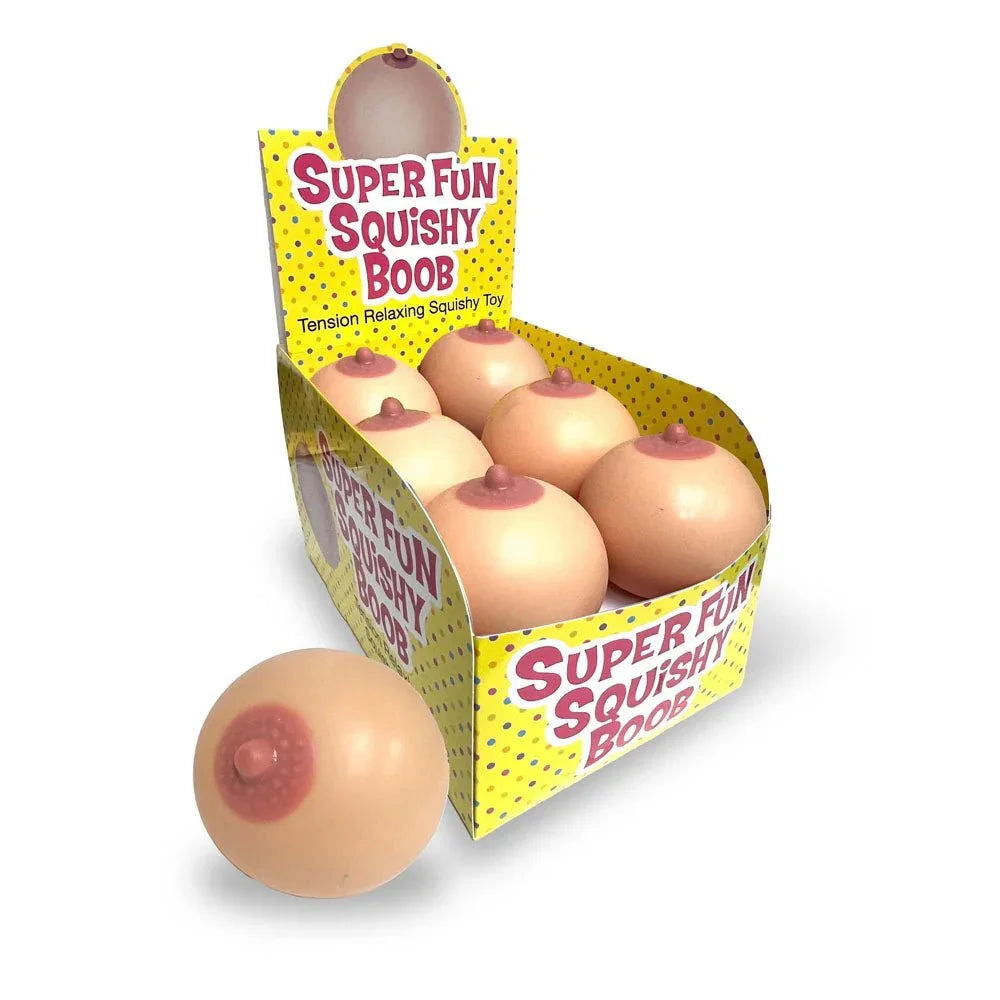 Super Fun Squishy Boob counter display of 12, one stress ball resting in front