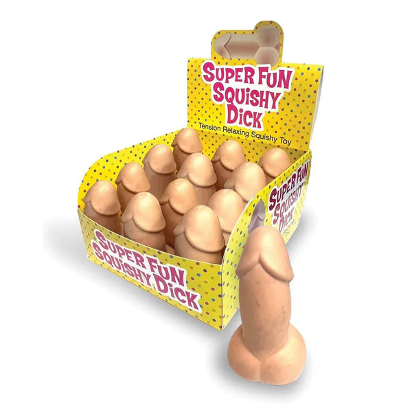Super Fun Squishy Dick counter display of 12, one stress penis standing in front