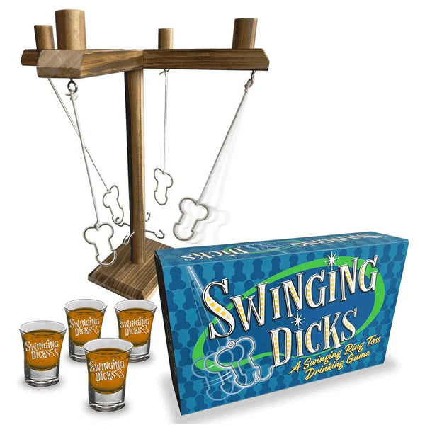 Swinging Dicks ring toss drinking game, wooden frame with hooks, shot glasses and box