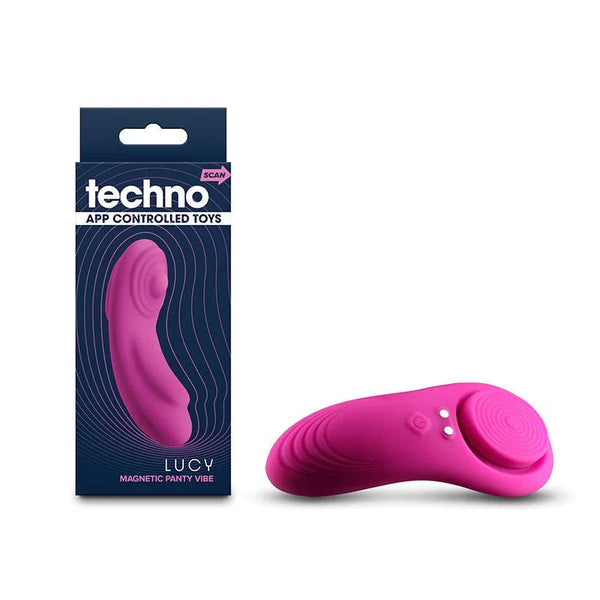 Techno Lucy app controlled panty vibrator in Magenta, beside its techno retail box