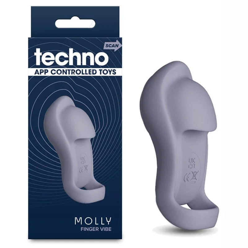 Techno Molly app controlled finger stimulator in Grey, beside its techno box
