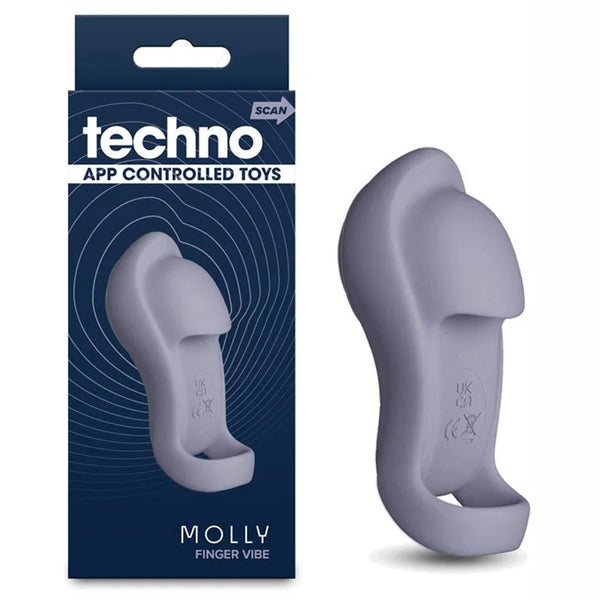 Techno Molly app controlled finger stimulator in Grey, beside its techno box