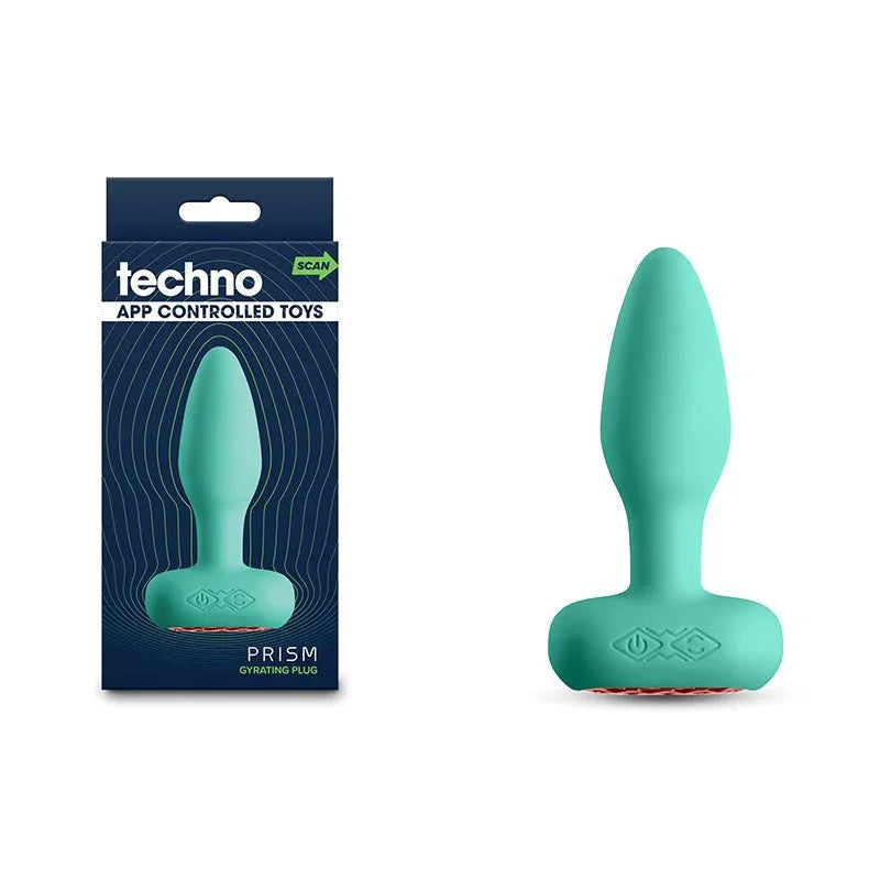 Techno Prism app controlled vibrating butt plug in Teal, beside its techno box