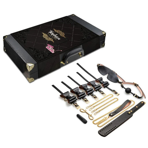 Temptasia Safe Word 9-piece bondage kit laid out beside its black hard suitcase