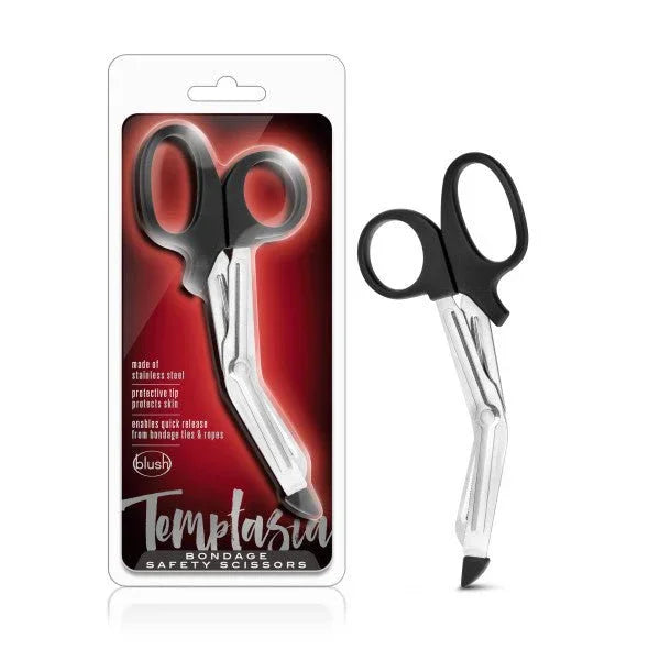 Temptasia bondage safety scissors in stainless steel with black handles and pack