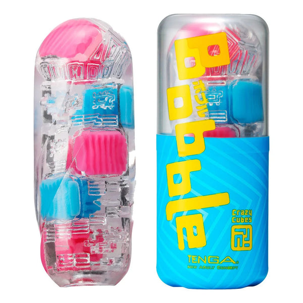 Tenga Bobble Crazy Cubes, clear cube-textured sleeve beside its blue cup