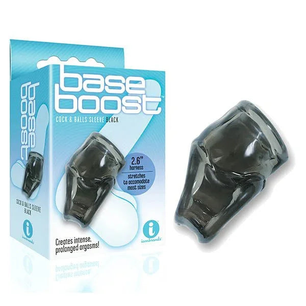 The 9's Base Boost cock and ball sleeve in smoke-tinted black, beside its blue retail box