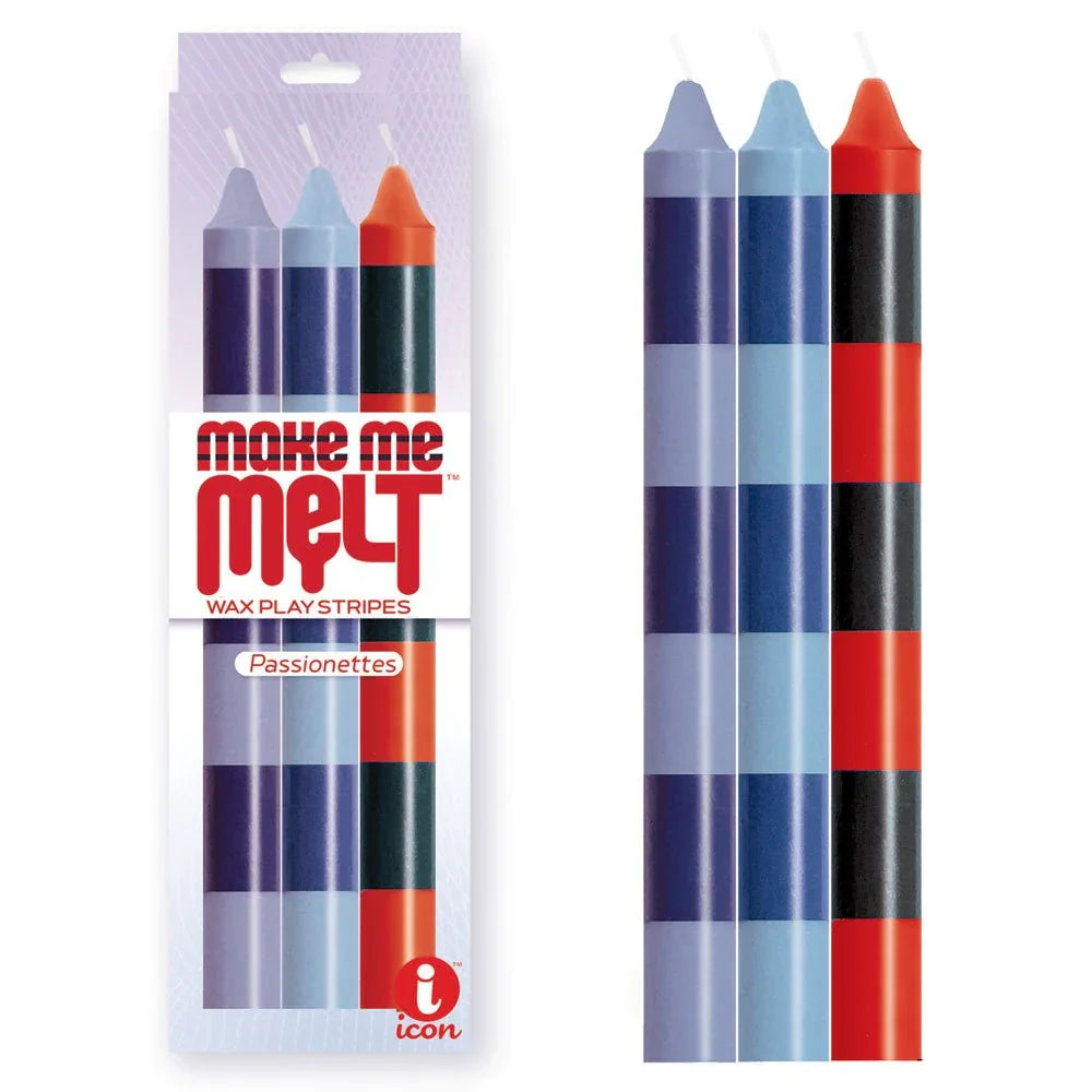 Make Me Melt Passionettes candles in blue, navy and red striped wax, beside their pack