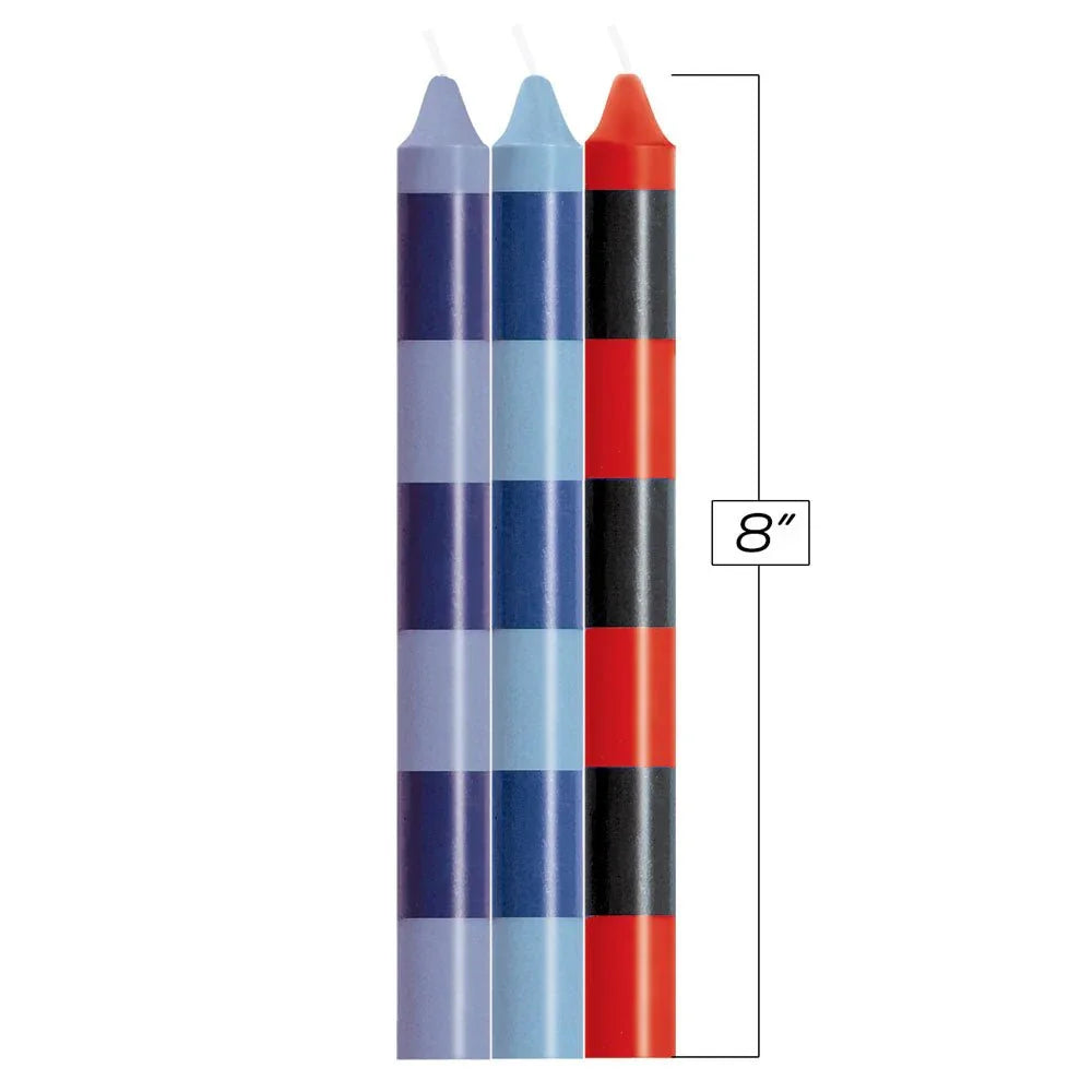 The three Passionettes striped candles upright with an 8 inch height measurement